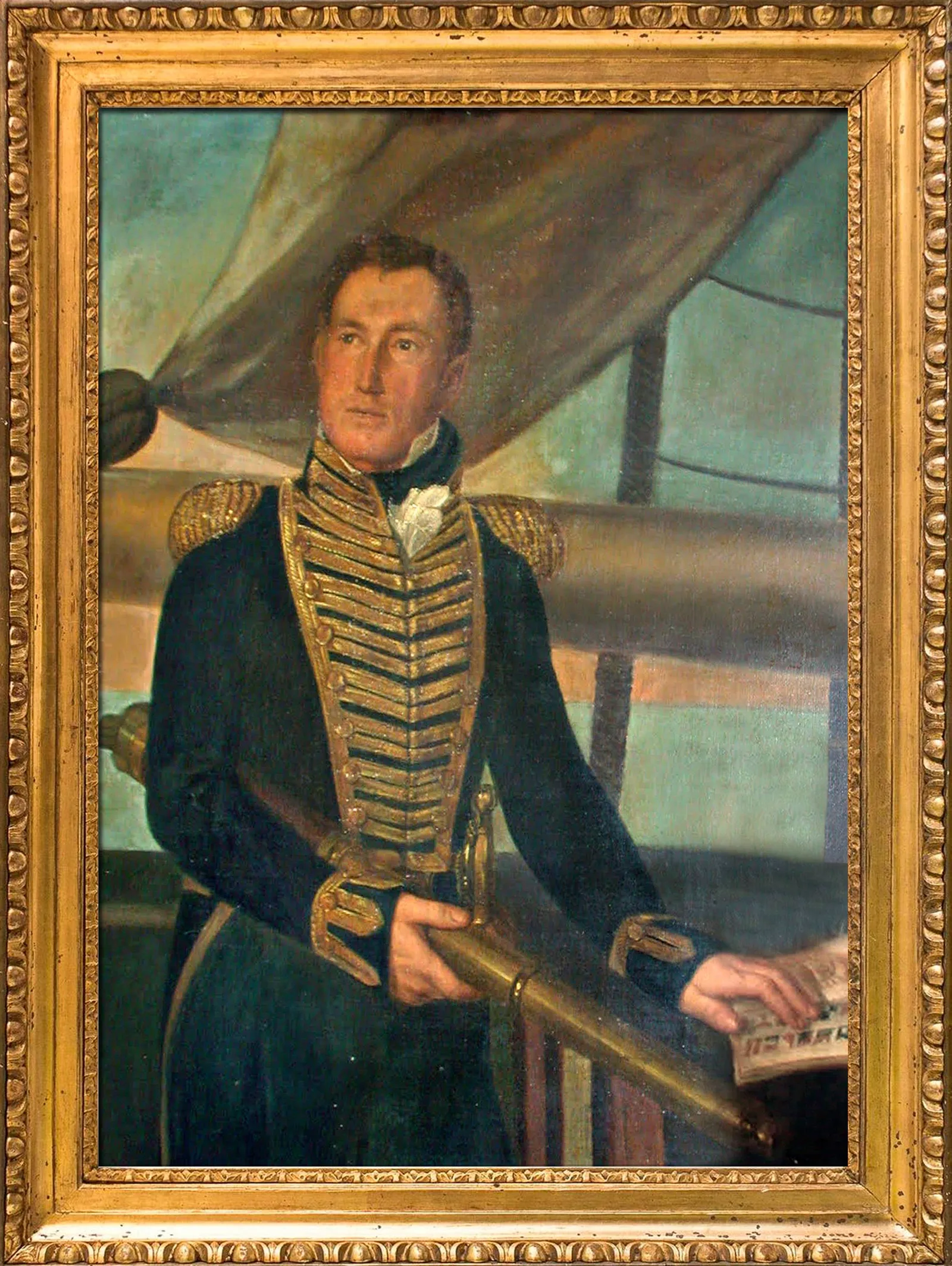 Painted portrait of Admiral William Brown in naval uniform within a gold frame