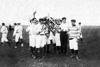 An archival group photograph of Irish immigrant hurling players in Argentina.