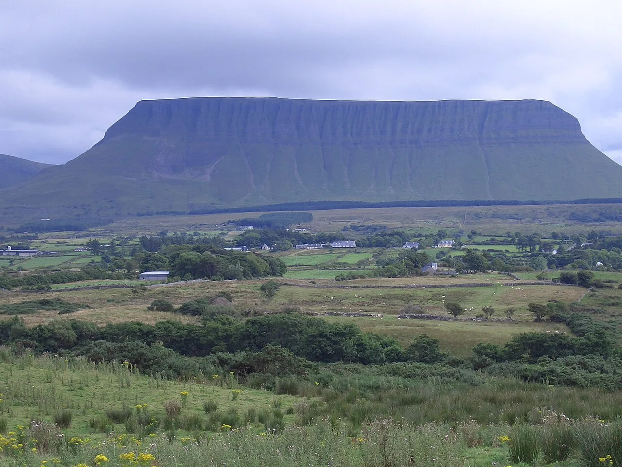 Benbulben above green fields north of Drumcliffe.