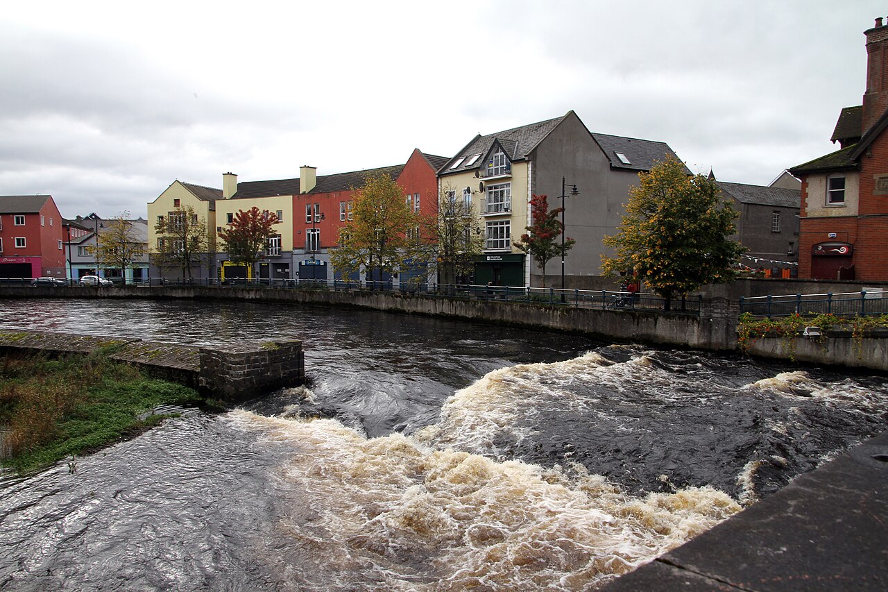 The River Garavogue flowing past colourful riverside buildings in Sligo town